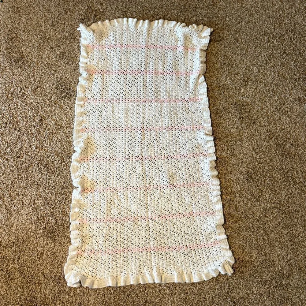 Handmade baby girl knitted striped frill baby blanket